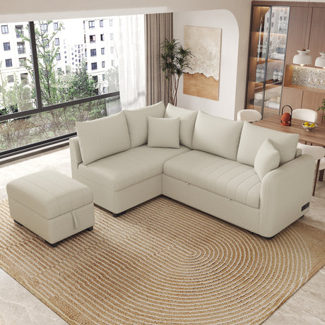 Modern L-shaped Sectional Pull Out Sofa Bed with USB Ports and Storage Ottoman, Beige, Jacquard Fabric, 82.6' - sold by Home Elegance USA