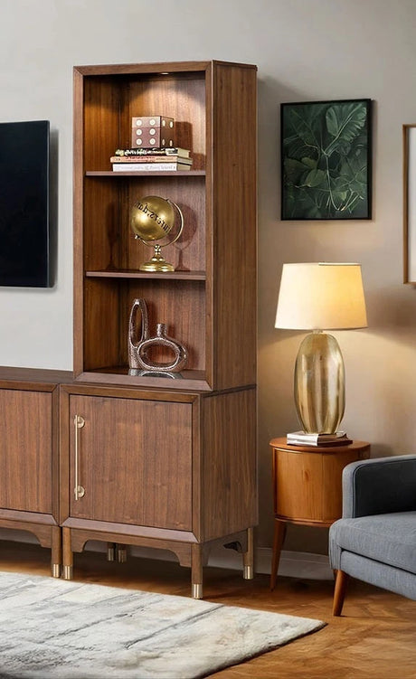 Mid-Century Modern TV Stand Entertainment Center Left Right Pier With Base Adjustable Shelves Gold Caped Legs LED On Pier Walnut Finish - sold by Home Elegance USA