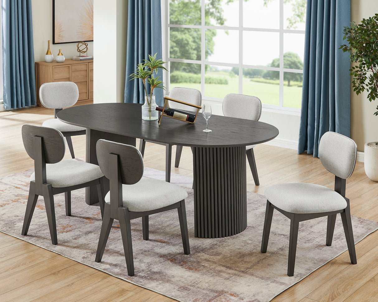 Valencia 7-Piece 80' Oval Gray Oak Finish Dining Set with Dual Pedestal Base & Light Gray Fabric Upholstered Chairs