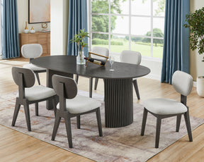 Valencia 7-Piece 80' Oval Gray Oak Finish Dining Set with Dual Pedestal Base & Light Gray Fabric Upholstered Chairs - sold by Home Elegance USA