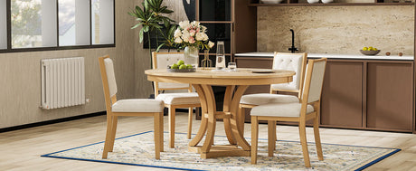 TREXM 5-Piece Retro Functional Dining Table Set Extendable Round Table and 4 Upholstered Chairs for Dining Room and Living Room (Natural) - sold by Home Elegance USA