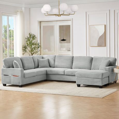 Modern U-shaped Sectional Sofa with Movable Ottoman and Side Storage Pockets, Grey Corduroy, 125.2' - sold by Home Elegance USA