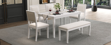 TREXM Vintage Extendable Dining Table Set for 6 with 4 Chairs & Bench, 59 to 72-Inch Rustic Farmhouse Kitchen Table Set with Distressed Finish and Retro Carved Legs (Washed White) - sold by Home Elegance USA