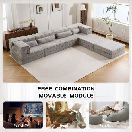 Compression Mahjong Sofa,Convertible Floor Sofa Bed,DIY Boneless Modular Sectional Sofa,No Assembly Required,Circle fleece fabric,Oversized 4 Seater with 2 Ottoman,Light-grey - sold by Home Elegance USA