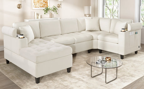 Modern U-shaped Sectional Sofa 115.7' with Built-in Cup Holders, Storage, USB Ports in Beige Chenille Fabric - sold by Home Elegance USA
