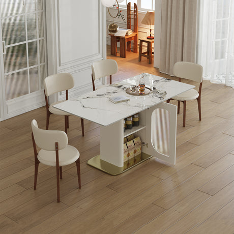 Modern 63' 4-6 Person Dining Table Set with Storage, Burnt Stone Top & Gold Solid Wood Base, Includes 4 White PU Chairs for Kitchen, Apartment - sold by Home Elegance USA