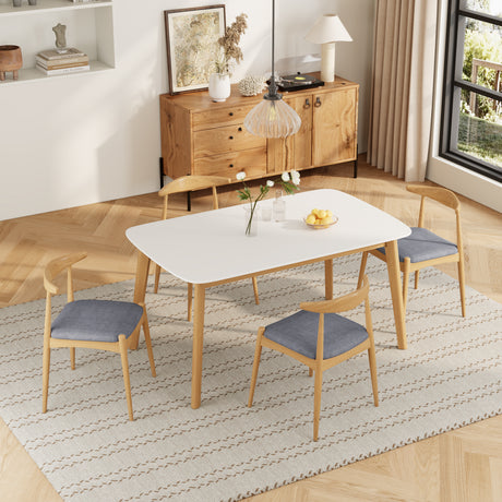 Mid-Century Modern 5-Piece Dining Set: Solid Rubberwood Table + 4 Gray Upholstered Chairs, White Oak Finish, Gray Fabric - sold by Home Elegance USA