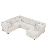 Beige U-shaped Sectional Sofa Pull Out Sofa Bed with USB Ports, Power Sockets, Back Pillows, Storage Chaise