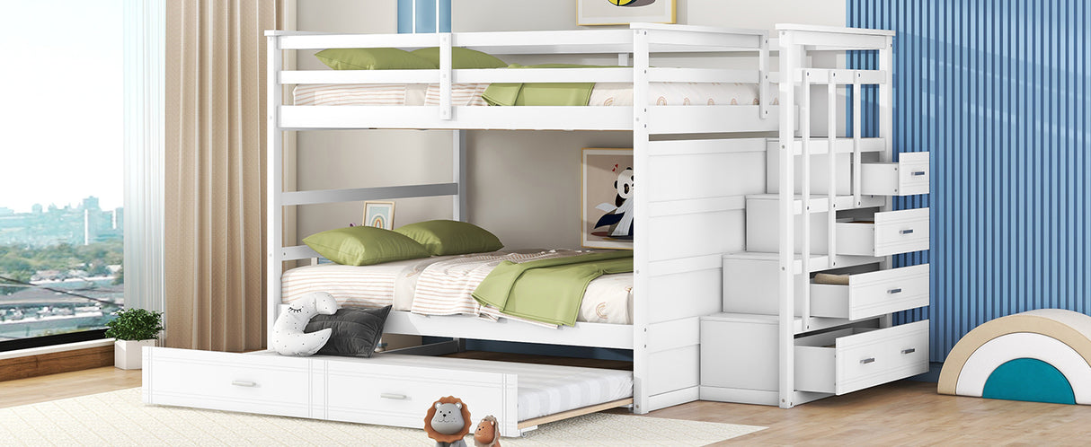 Full Over Full Bunk Bed with Twin Size Trundle and Staircase, White - Home Elegance USA