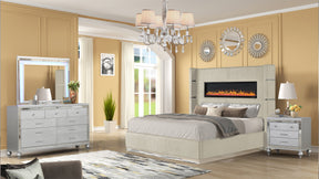LIZZELLE Upholstery Wooden King 4 PC Bedroom set with Ambient lighting in Beige Velvet Finish(CA INVENTORY) - sold by Home Elegance USA