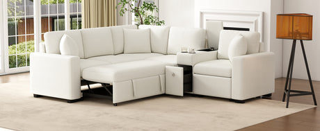 120.5' L-shaped Convertible Sofa Bed Modular Sectional Sofa Reversible Sleeper with Pull-Out Bed, Cup Holders, and Ample Storage Space for Living Room(Old SKU:N719S001940K), White - sold by Home Elegance USA
