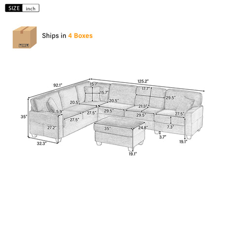 Upholstered U-shaped Sectional Sofa with Movable Ottoman and Side Storage Pockets in Black Corduroy, 125.2 inches - sold by Home Elegance USA