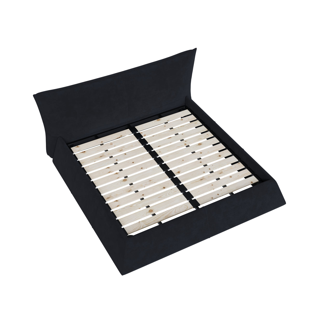 Queen Size Upholstered Platform Bed with Special Shaped Velvet Headboard, Metal & Solid Wood Frame, Black