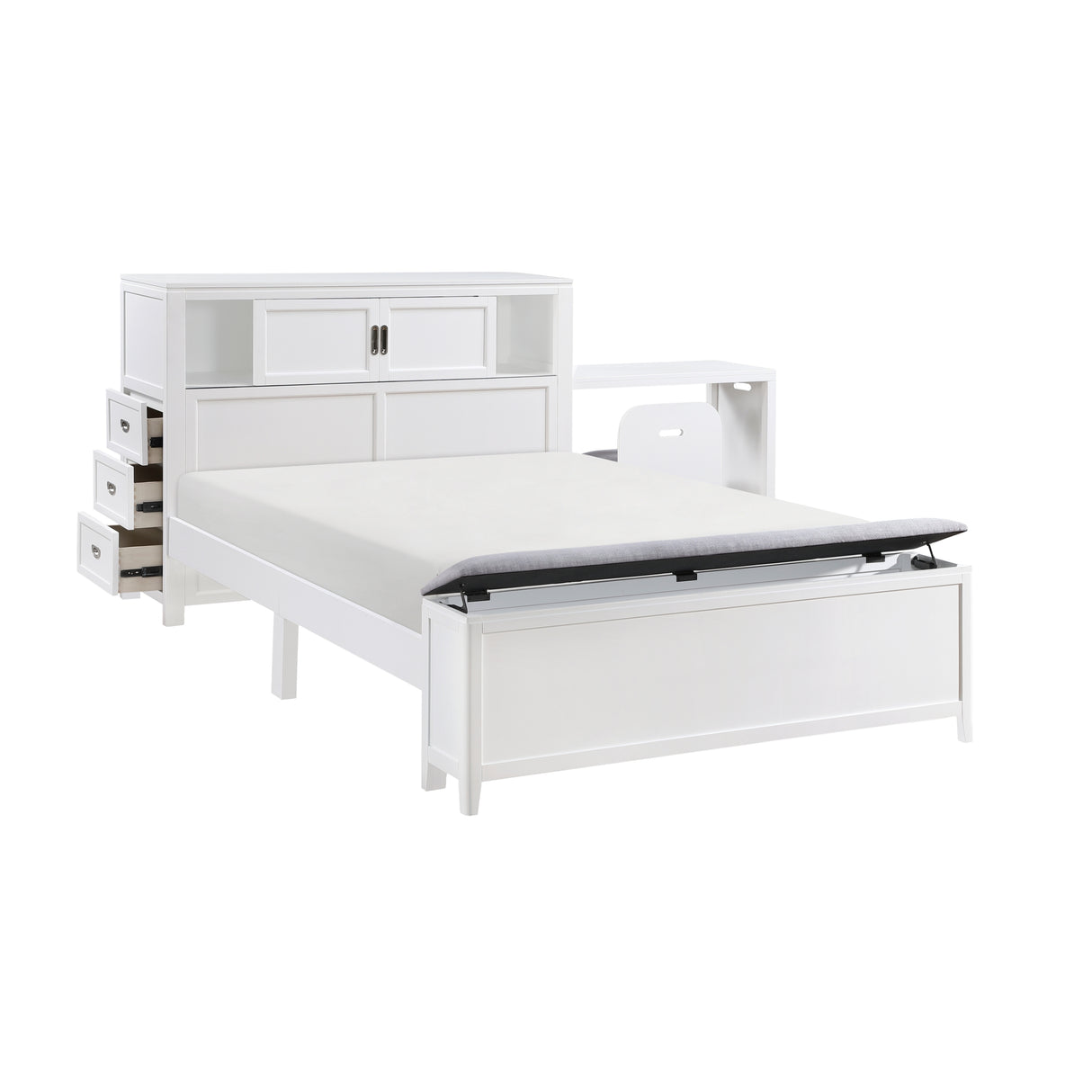 White Finish Full Platform Bed with Bookcase Headboard Drawers Hidden Desk Stool Footboard Storage Bench Bedroom Furniture 1pc