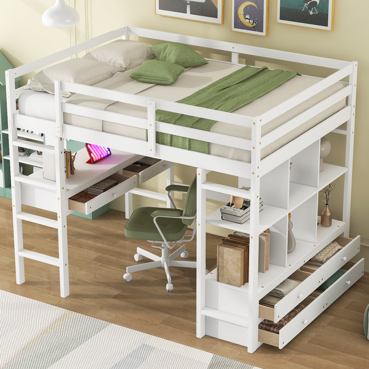 Full Size Loft Bed with Built-in Desk with Two Drawers, and Storage Shelves and Drawers,White(Old SKU:SM000320AAK)