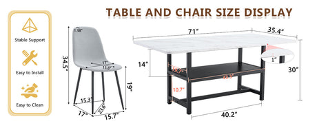 Table and chair set.71*35.4 inch White Grain Spliced Dining Table With Storage Function In The Middle Of The Table Legs.Paired with 8 Light Gray Linen-Cotton Material High Resilience Dining Chairs. - sold by Home Elegance USA