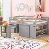 Full Size Loft Bed with Retractable Writing Desk and 3 Drawers, Wooden Loft Bed with Storage Stairs and Shelves, Gray - Home Elegance USA