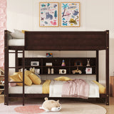 Queen Over Queen Bunk Bed with Built-in Storage Cabinets,Charging Station,Ladder,Safety Guardrails,Solid Pine Wood Bunk Bed,Brwon