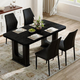 Table and chair set.64.5 x 35.4 Inch Stylish Black Wood Color Textured Dining Table.Paired with 4 Black Dining Chairs, 37 inches High, Ergonomic PU Backrest. Exudes A Strong Sense Of Fashion.