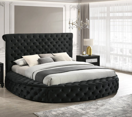 Unique Round Plush Black Velvet Button-Tufted Detailing Storage Bed King Size Black 2x Nightstands Wooden Bedroom Furniture 3pc Set - sold by Home Elegance USA