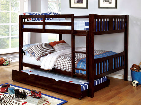 Transitional Style Full Over Full Bunk Bed Attached Ladder Solid Wood Form With Rails And Lock Joint Dark Walnut-Trundle Included