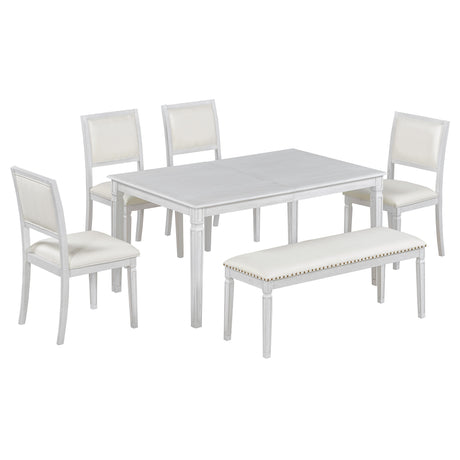 TREXM Vintage Extendable Dining Table Set for 6 with 4 Chairs & Bench, 59 to 72-Inch Rustic Farmhouse Kitchen Table Set with Distressed Finish and Retro Carved Legs (Washed White) - sold by Home Elegance USA