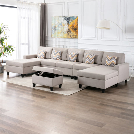 Nolan 152' Beige Linen Fabric 6Pc Double Chaise Sectional Sofa with Interchangeable Legs, Storage Ottoman, and Pillows - sold by Home Elegance USA