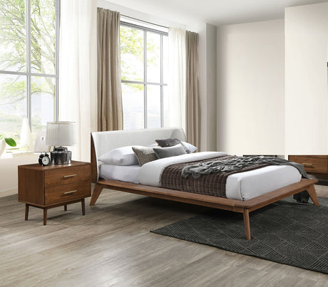 Gorgeous Walnut 3pc Bedroom Set Full Size Bed 2x Nightstands Beige Upholstered Fabric Winged Edge Panel HB Mid-Century Modern Style