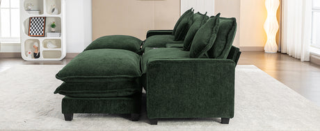Chenille Upholstered 111' Sectional Sofa with Two Removable Ottomans, USB Ports, Cup Holders, and Storage, Green - sold by Home Elegance USA