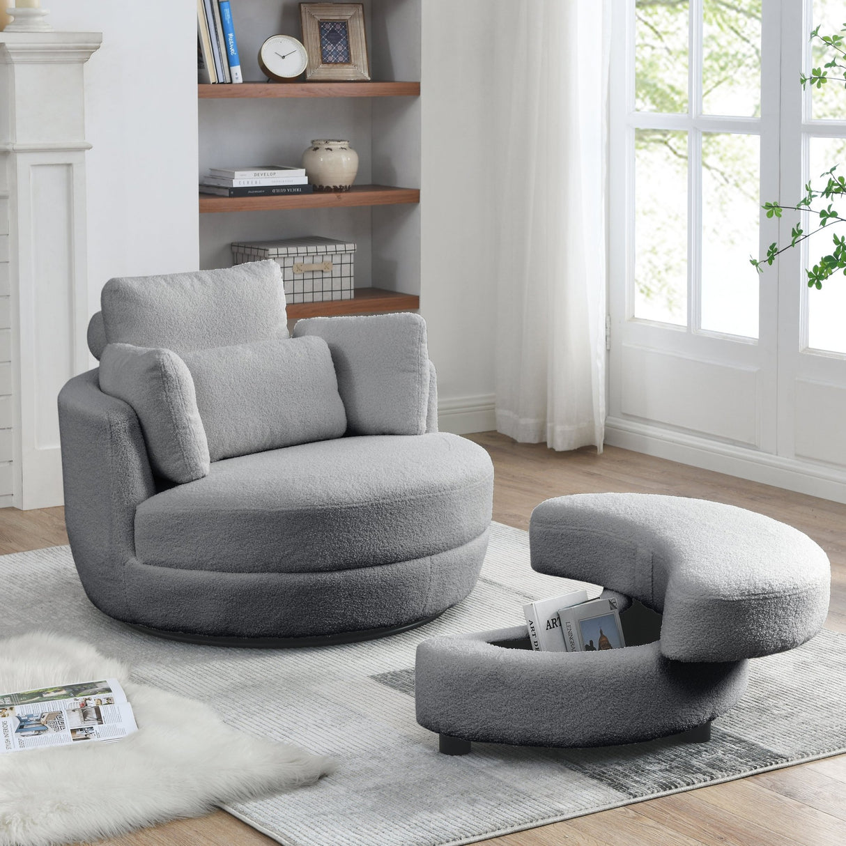 39"W Oversized Swivel Chair with moon storage ottoman for Living Room, Modern Accent Round Loveseat Circle Swivel Barrel Chairs for Bedroom Cuddle Sofa Chair Lounger Armchair, 4 Pillows, Teddy Fabric - W83489913 - image - 3