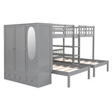 Full-Over-Twin-Twin Bunk Bed with Shelves, Wardrobe and Mirror, Gray - Home Elegance USA