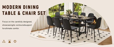 Table and chair set.71*35.4 inch Black Grain Spliced Dining Table With Storage Function In The Middle Of The Table Legs.Paired with 8 Black Linen-Cotton Material High Resilience Dining Chair. - sold by Home Elegance USA