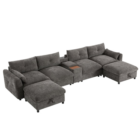 136'' Modular Sectional Sofa with Console, Cup Holder, USB Charger, Movable Storage Ottoman, Pull-line&Tufted Design, U-Shaped Oversized Chenille Sofa for Living Room&Apartment,2 Colors - sold by Home Elegance USA