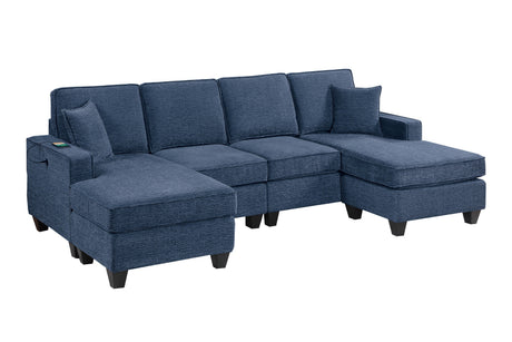 3pc Sectional Set Dark Blue Finish Right Arm And Left Arm Chaise USB Port Armless Loveseat Plastic Legs Matching Two Pillows Primary Living Room - sold by Home Elegance USA