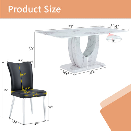 Table and chair set.Modern Simple Marble Pattern Dining Set - 71'x35.4' Table with 8 Black PU Chairs with a vertical stripe design on the backrest. Tempered glass tabletop,White Marble Pattern. - sold by Home Elegance USA