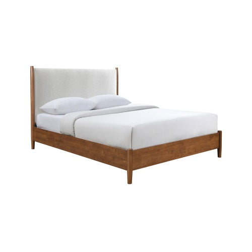 Walnut Color Panel Headboard Beige Upholstered 1pc Queen Size Bed Solid wood Mattress Ready Mid-Century Modern Style