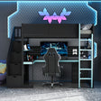Twin Size Wooden Gaming Loft Bed with Storage Stairs, Desk, Shelves & Pegboard, Black+Blue