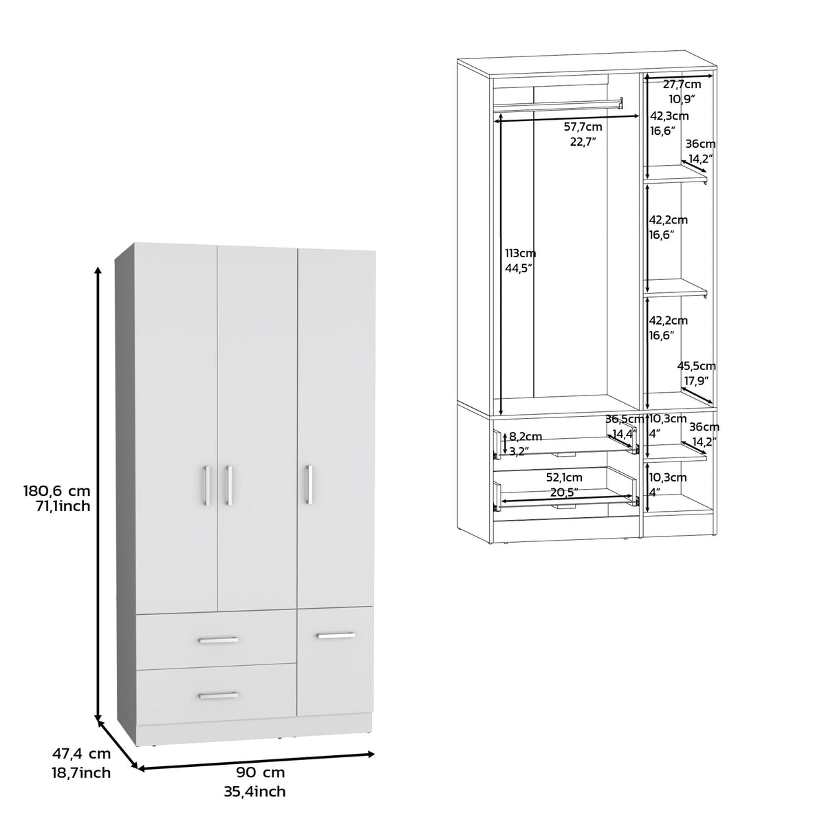 Armoire Wardrove 71', 4 Doors, Hanging Rod, 3 Cabinets, 6 Shelves, White - sold by Home Elegance USA