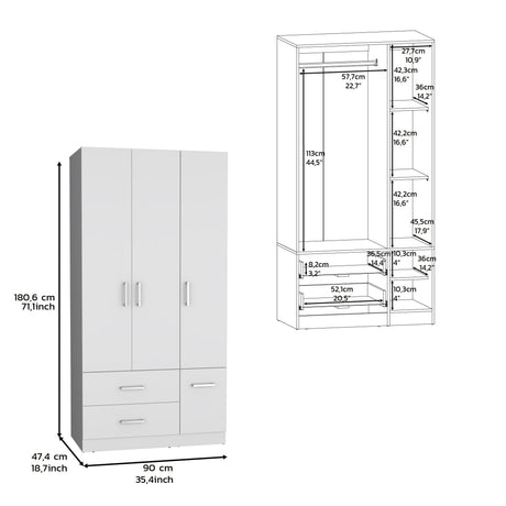 Armoire Wardrove 71', 4 Doors, Hanging Rod, 3 Cabinets, 6 Shelves, White - sold by Home Elegance USA