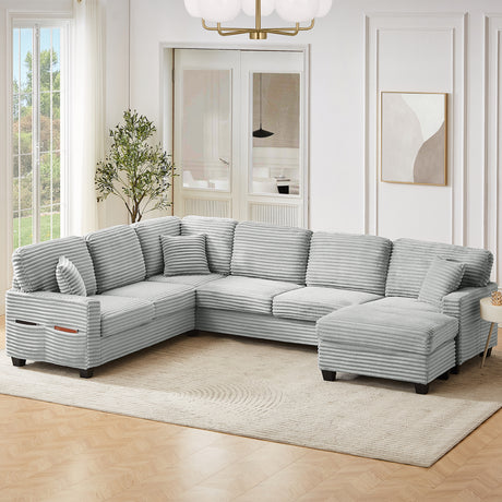 Modern U-shaped Sectional Sofa with Movable Ottoman and Side Storage Pockets, Grey Corduroy, 125.2' - sold by Home Elegance USA
