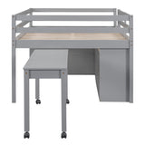 Full Size Loft Bed with Retractable Writing Desk and 4 Drawers, Wooden Loft Bed with Lateral Portable Desk and Shelves, Gray - Home Elegance USA