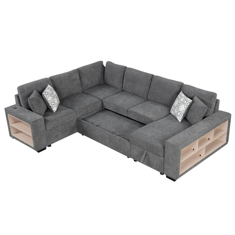 Modern Grey U-Shaped Sectional Sofa Bed with USB Ports, Storage Chaise & Pillows, Chenille Fabric, 109' - sold by Home Elegance USA