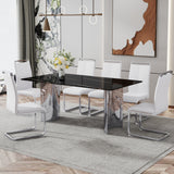 Table and chair set.The table has a glass top with imitation marble pattern stickers and stainless steel silver legs.Paired with 6 White PU Chairs with Silver C-tube Metal Leg.