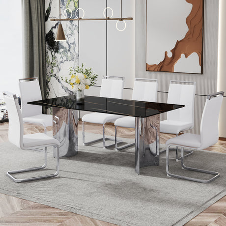 Table and chair set.The table has a glass top with imitation marble pattern stickers and stainless steel silver legs.Paired with 6 White PU Chairs with Silver C-tube Metal Leg.