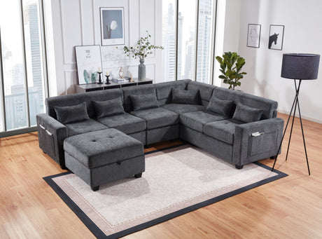 Trey 115'W Gray Chenille Sectional Sofa with Adjustable Backrest, Charging Ports, Pockets, Tufting, Storage Ottoman, Throw Pillows - sold by Home Elegance USA