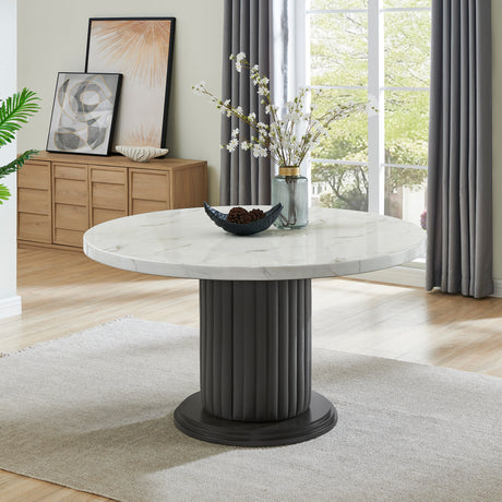 Valencia 5-Piece 54' Round White Faux Marble Dining Set with Gray PVC Upholstered Pedestal Base & Light Gray Fabric Chairs - sold by Home Elegance USA