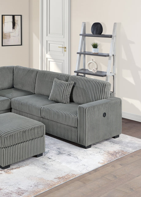 Living Room Corduroy Upholstered Smoke 4pc Sectional Set RAF/LAF One-Arm Loveseat W/USB, Corner Wedge, Cocktail Ottoman Cushion Couch - sold by Home Elegance USA