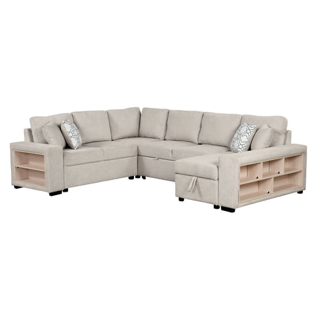 Beige Chenille U-Shaped Sectional Sofa with Pull-out Bed, USB Ports, Storage Chaise & Back Pillows - sold by Home Elegance USA