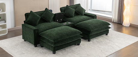 Chenille Upholstered 111' Sectional Sofa with Two Removable Ottomans, USB Ports, Cup Holders, and Storage, Green - sold by Home Elegance USA