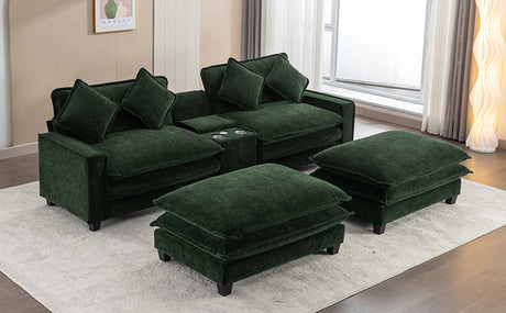 Chenille Upholstered 111' Sectional Sofa with Two Removable Ottomans, USB Ports, Cup Holders, and Storage, Green - sold by Home Elegance USA